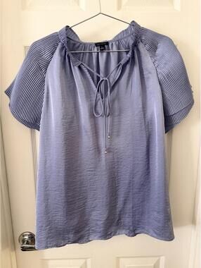 Ann Taylor Light Blue Pleated Sleeve Blouse with Tie Neck